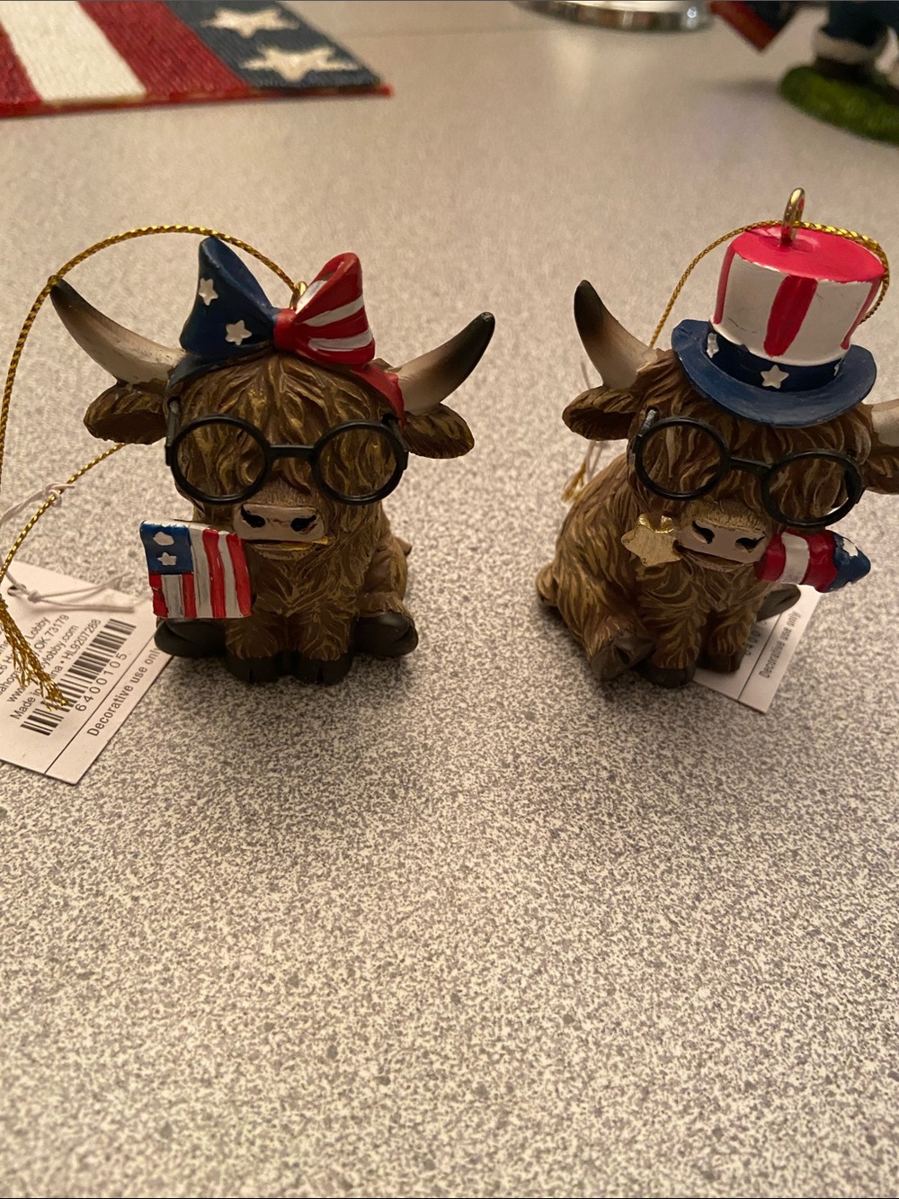 Kurt Adler Patriotic Highland Cow Ornaments in Red, White & Blue
